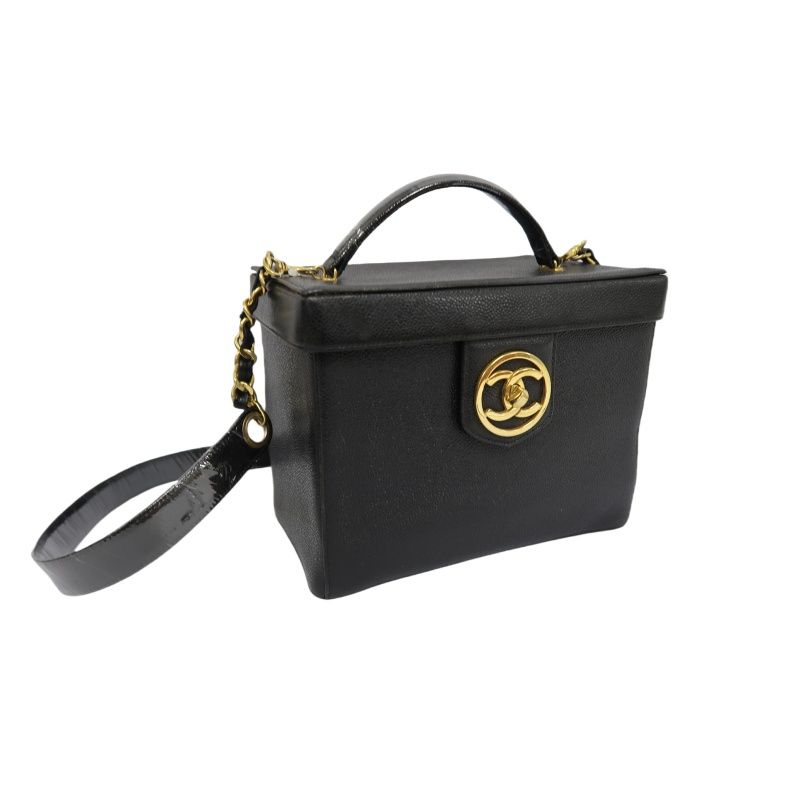 CHANEL Black Caviar Leather Vanity Bag with Coco Mark, Gold Hardware, Shoulder Strap & Guarantee CardCHANEL Black Caviar Leather Vanity Bag with Coco Mark, Gold Hardware, Shoulder Strap & Guarantee Card