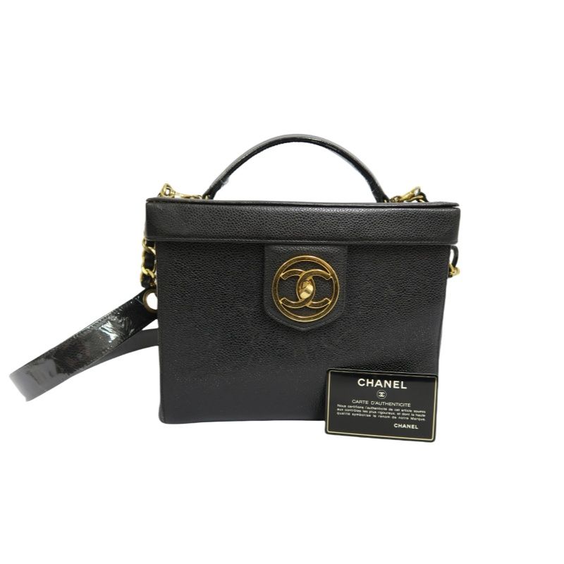 CHANEL Black Caviar Leather Vanity Bag with Coco Mark, Gold Hardware, Shoulder Strap & Guarantee CardCHANEL Black Caviar Leather Vanity Bag with Coco Mark, Gold Hardware, Shoulder Strap & Guarantee Card