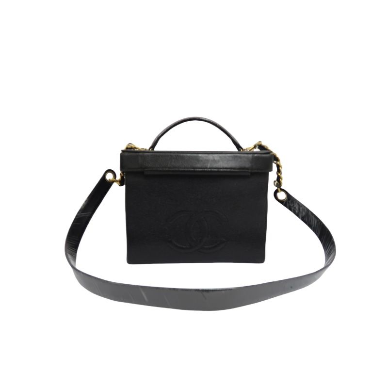 CHANEL Black Caviar Leather Vanity Bag with Coco Mark, Gold Hardware, Shoulder Strap & Guarantee CardCHANEL Black Caviar Leather Vanity Bag with Coco Mark, Gold Hardware, Shoulder Strap & Guarantee Card