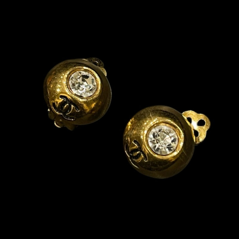 CHANEL Coco Mark Rhinestone Clip-On Earrings Gold Alloy