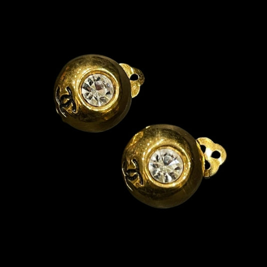 CHANEL Coco Mark Rhinestone Clip-On Earrings Gold Alloy