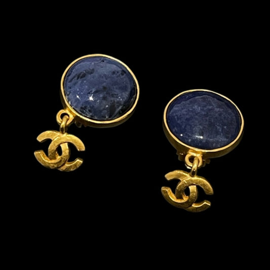 CHANEL gold plated blue stone clip-on earrings with box