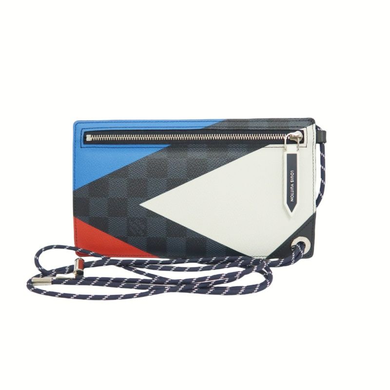 Louis Vuitton (LV) Damier Cobalt Pochette Phone, America's Cup 201 Shoulder Pouch, Blue-Black Color Block, Limited Edition, Includes Dust Bag, Box, Manual & Authentication Card (Men's Style)