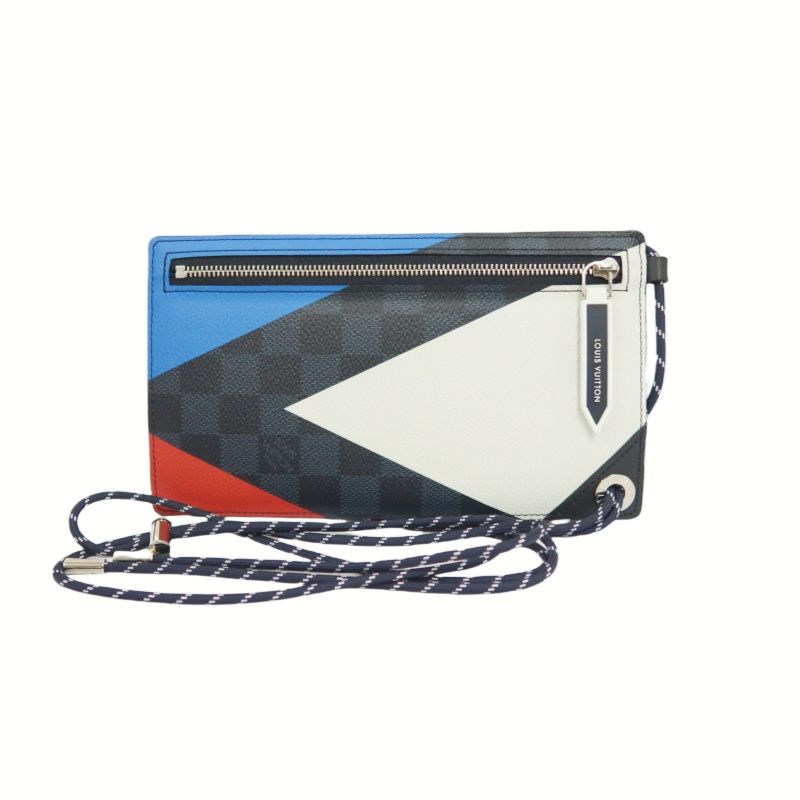 Louis Vuitton (LV) Damier Cobalt Pochette Phone, America's Cup 201 Shoulder Pouch, Blue-Black Color Block, Limited Edition, Includes Dust Bag, Box, Manual & Authentication Card (Men's Style)