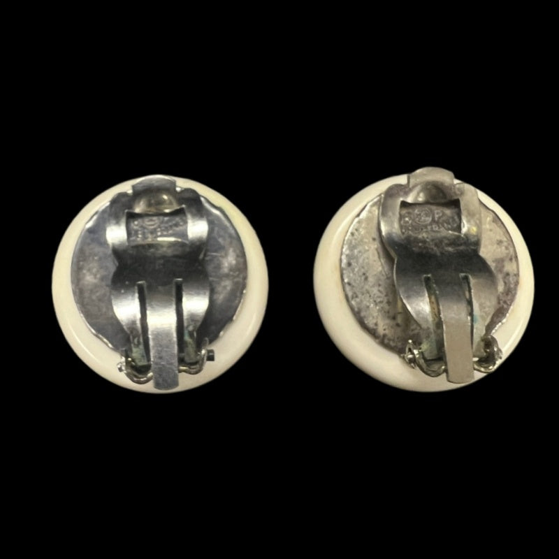 CHANEL White Black Clip-On Earrings Alloy