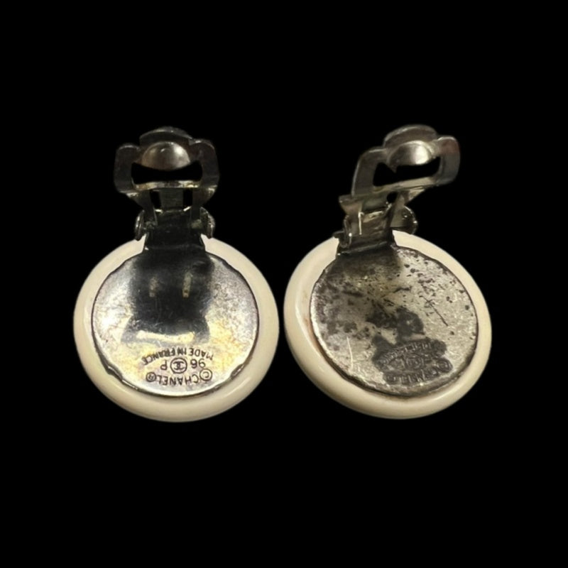 CHANEL White Black Clip-On Earrings Alloy