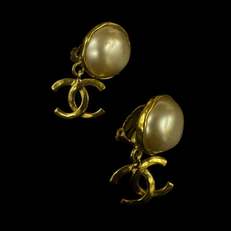CHANEL Gold Plated Drop Pearl Clip-On Earrings
