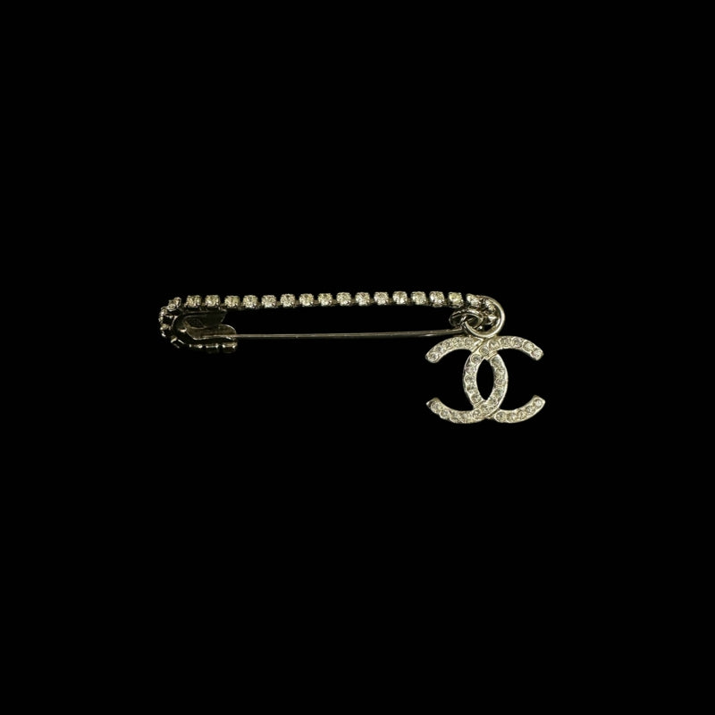 CHANEL Coco Mark Rhinestone Brooch Silver Hardware