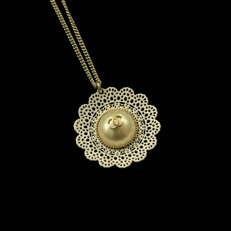 CHANEL Silver Pearl Camellia Necklace with Box