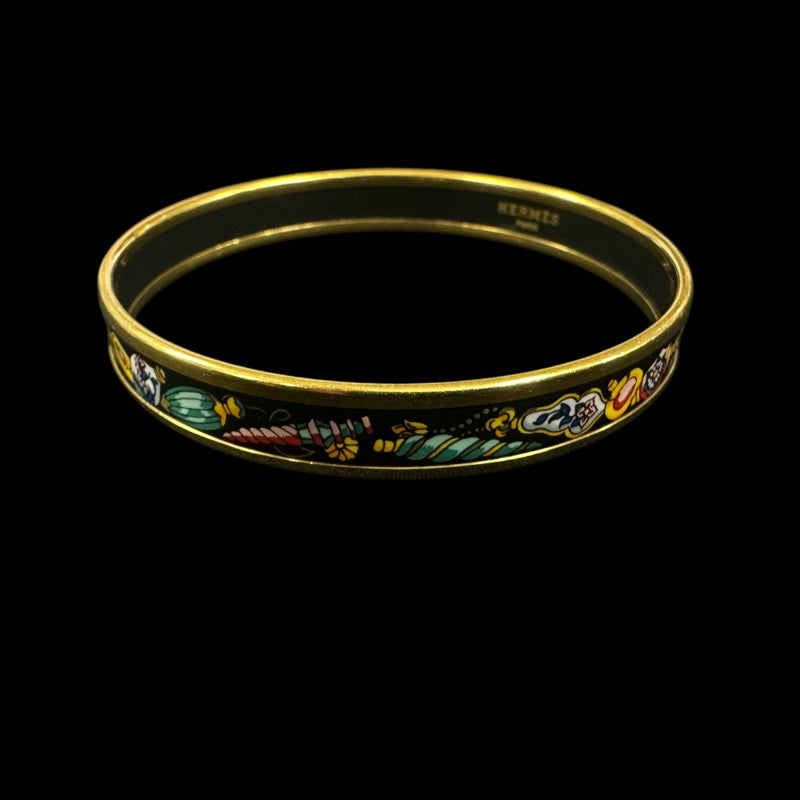 HERMES Bracelet, Enamel Bangle PM, Gold, Black, Gold Tone Alloy