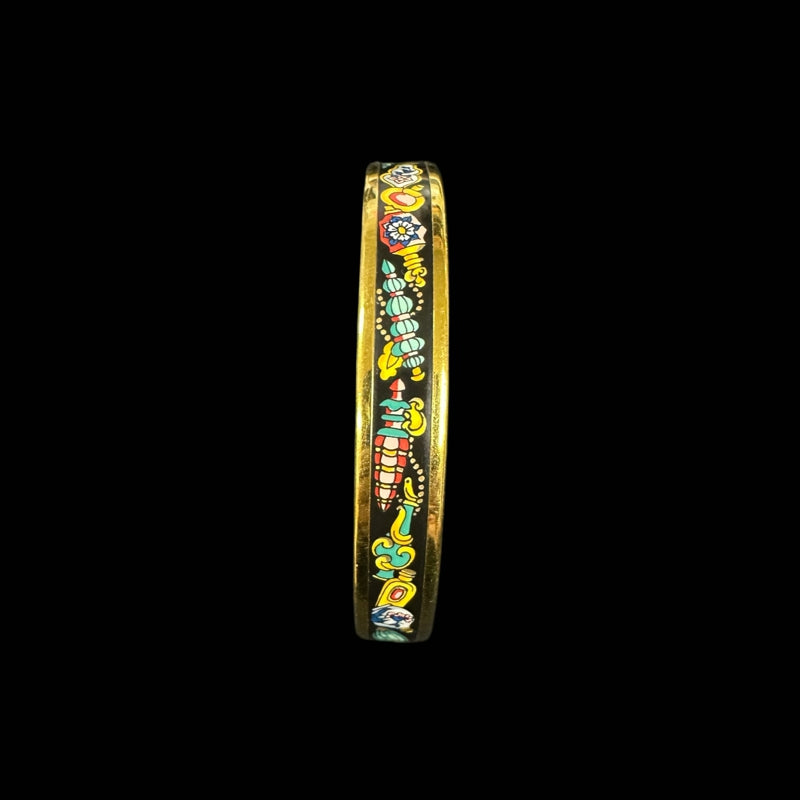 HERMES Bracelet, Enamel Bangle PM, Gold, Black, Gold Tone Alloy