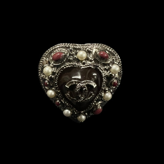 CHANEL Coco Mark Heart Ring Silver Hardware With Box & Dust Bag