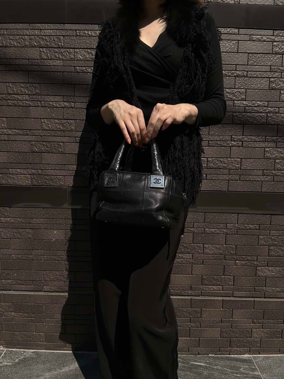 CHANEL Chocolate Bar Black Lambskin Handbag with Guarantee Card