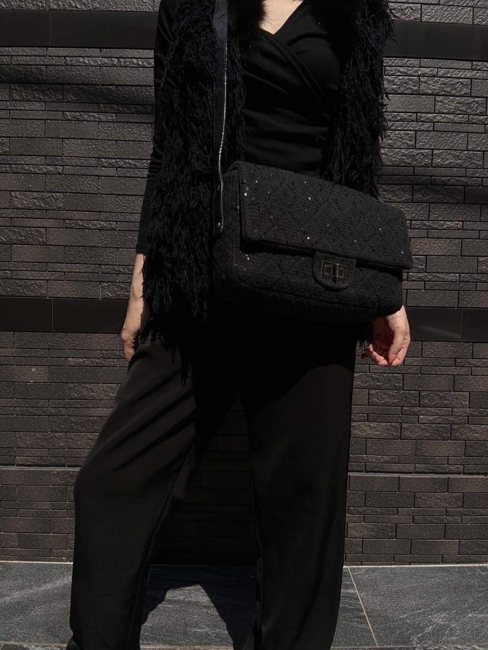 CHANEL Black 2.55 Quilted Canvas Chain Crossbody Bag with Sequins