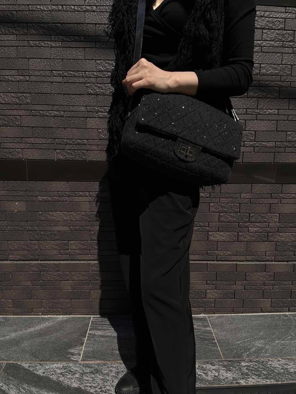CHANEL Black 2.55 Quilted Canvas Chain Crossbody Bag with Sequins