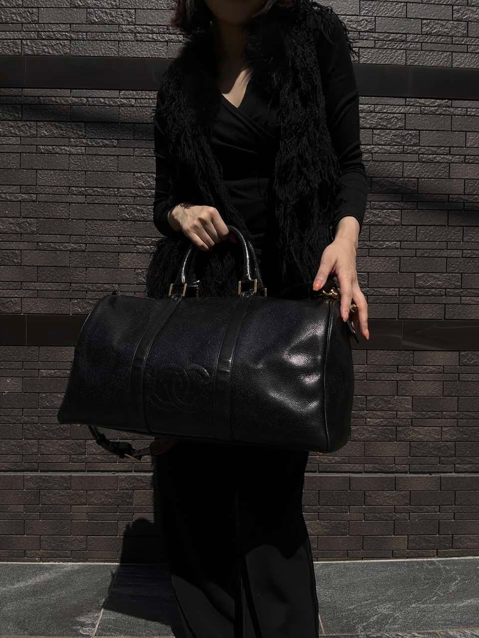 CHANEL Coco Mark 2-Way Boston Bag Black Caviar Leather with Gold Hardware