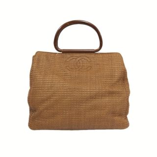 CHANEL Coco Mark Brown Straw Woven Top Handle Bag