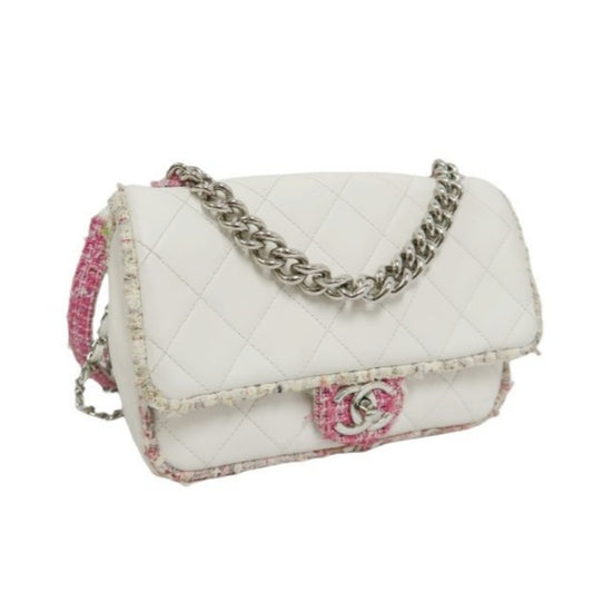 CHANEL Classic Flap (CF) Chain Shoulder Bag, White Lambskin Leather, Pink Tweed Piping, Silver Hardware