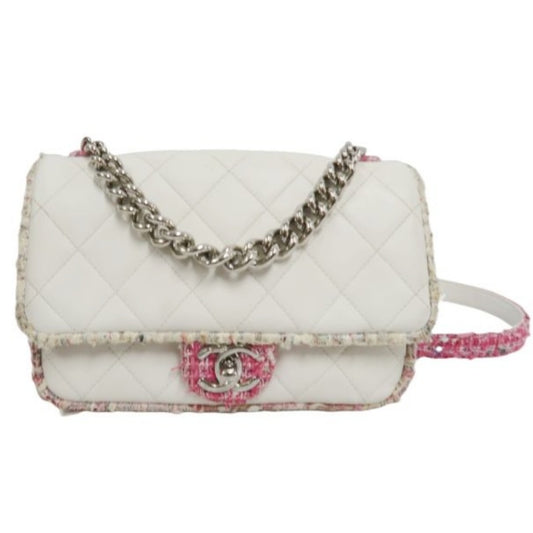 CHANEL Classic Flap (CF) Chain Shoulder Bag, White Lambskin Leather, Pink Tweed Piping, Silver Hardware