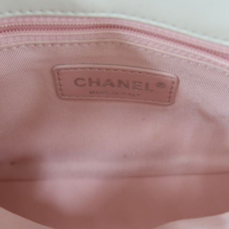 CHANEL Classic Flap (CF) Chain Shoulder Bag, White Lambskin Leather, Pink Tweed Piping, Silver Hardware