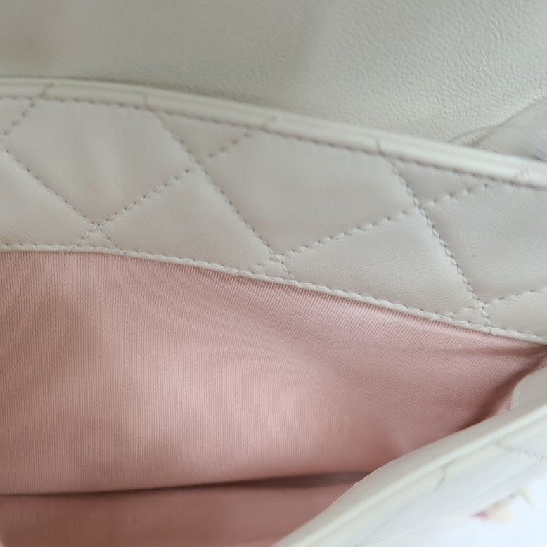 CHANEL Classic Flap (CF) Chain Shoulder Bag, White Lambskin Leather, Pink Tweed Piping, Silver Hardware