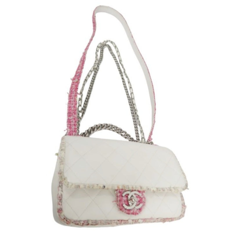 CHANEL Classic Flap (CF) Chain Shoulder Bag, White Lambskin Leather, Pink Tweed Piping, Silver Hardware
