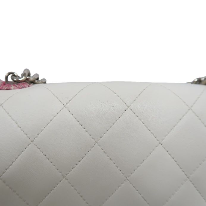 CHANEL Classic Flap (CF) Chain Shoulder Bag, White Lambskin Leather, Pink Tweed Piping, Silver Hardware