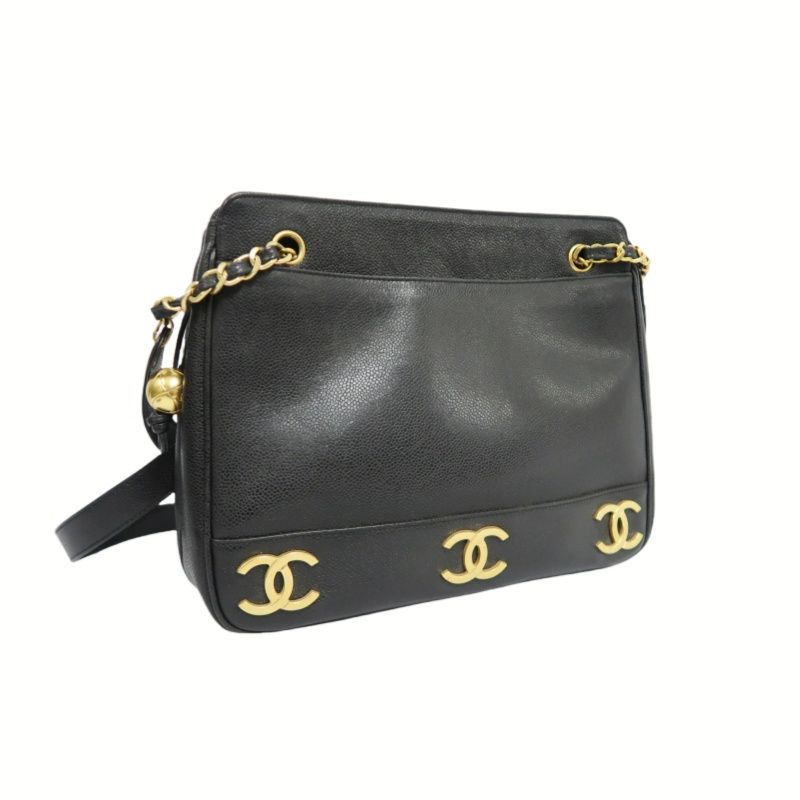CHANEL Black Caviar Leather Triple Coco Shoulder Bag with Gold Hardware