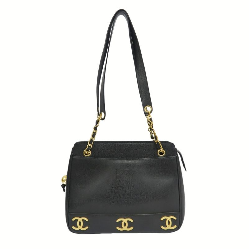 CHANEL Black Caviar Leather Triple Coco Shoulder Bag with Gold Hardware