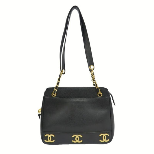 CHANEL Black Caviar Leather Triple Coco Shoulder Bag with Gold Hardware