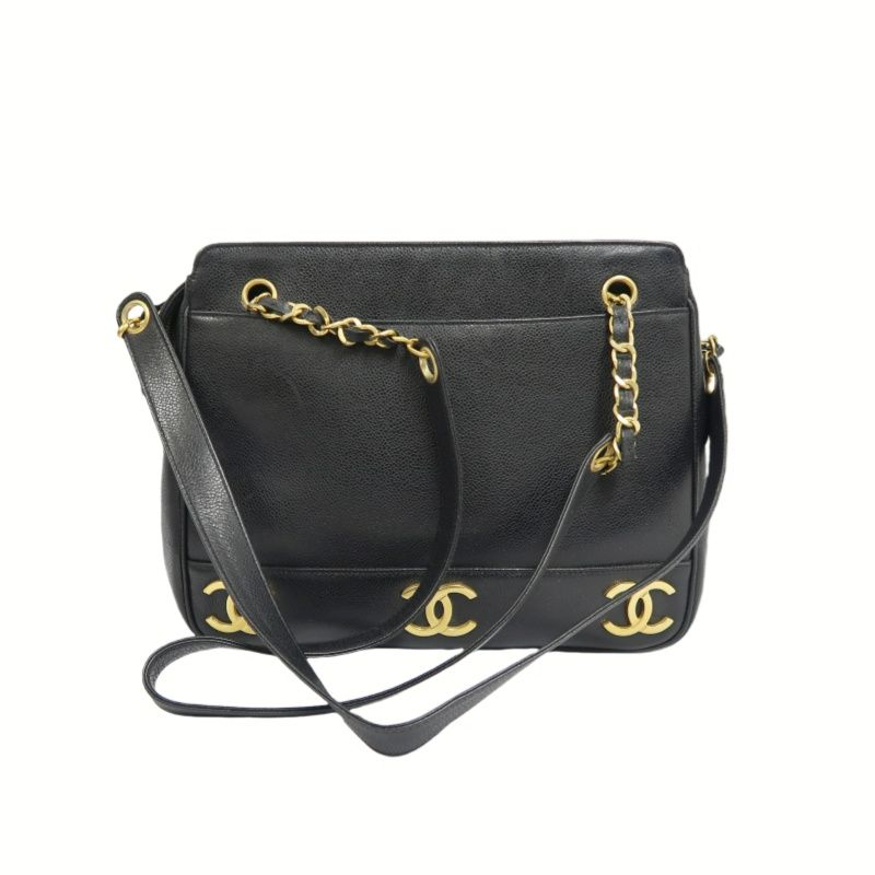 CHANEL Black Caviar Leather Triple Coco Shoulder Bag with Gold Hardware