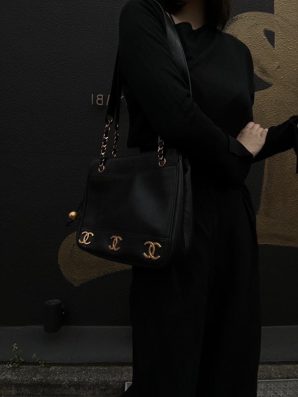 CHANEL Black Caviar Leather Triple Coco Shoulder Bag with Gold Hardware