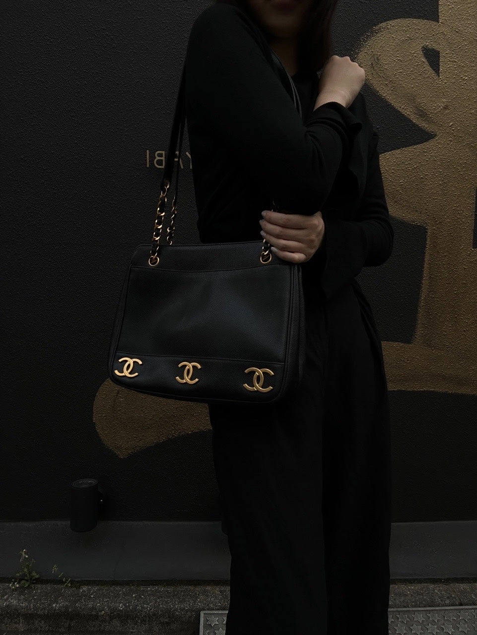 CHANEL Black Caviar Leather Triple Coco Shoulder Bag with Gold Hardware