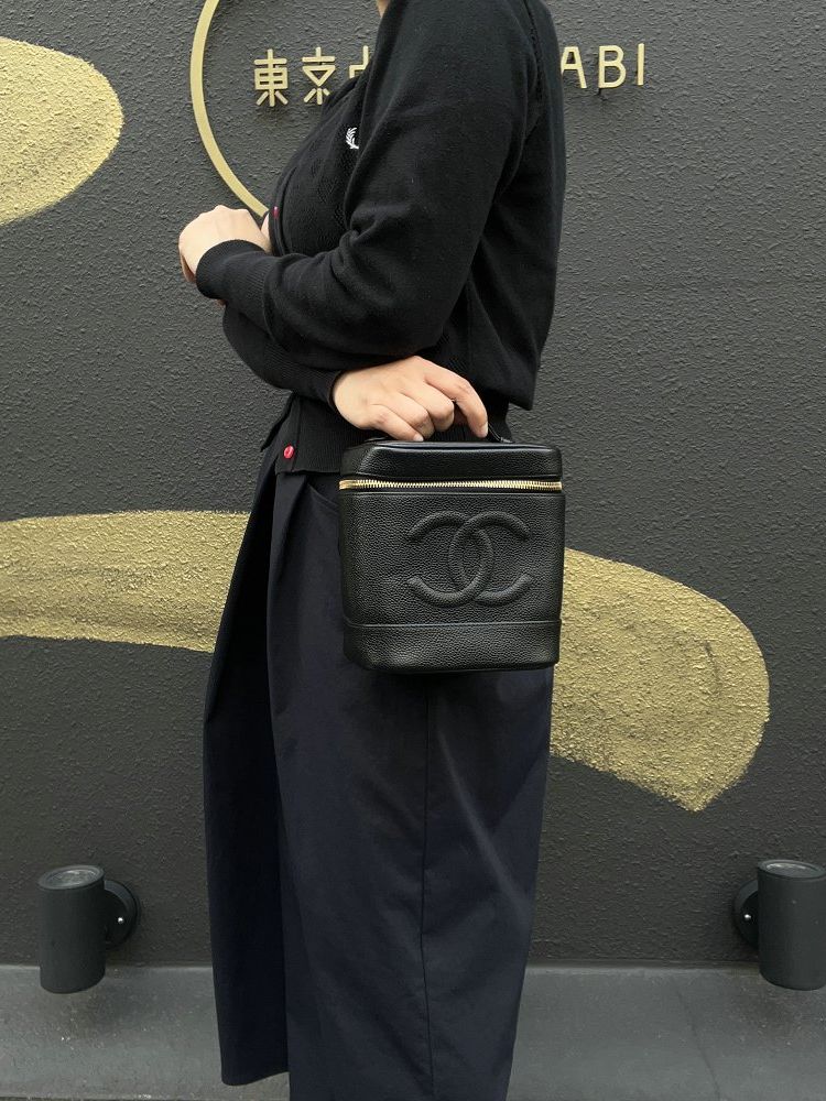 CHANEL Black Caviar Leather Vanity Pouch Handbag, with Guarantee Card & Dust Bag