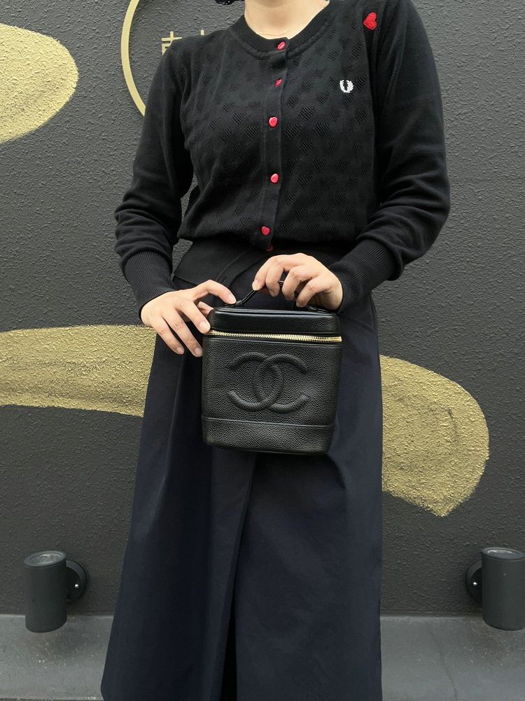 CHANEL Black Caviar Leather Vanity Pouch Handbag, with Guarantee Card & Dust Bag