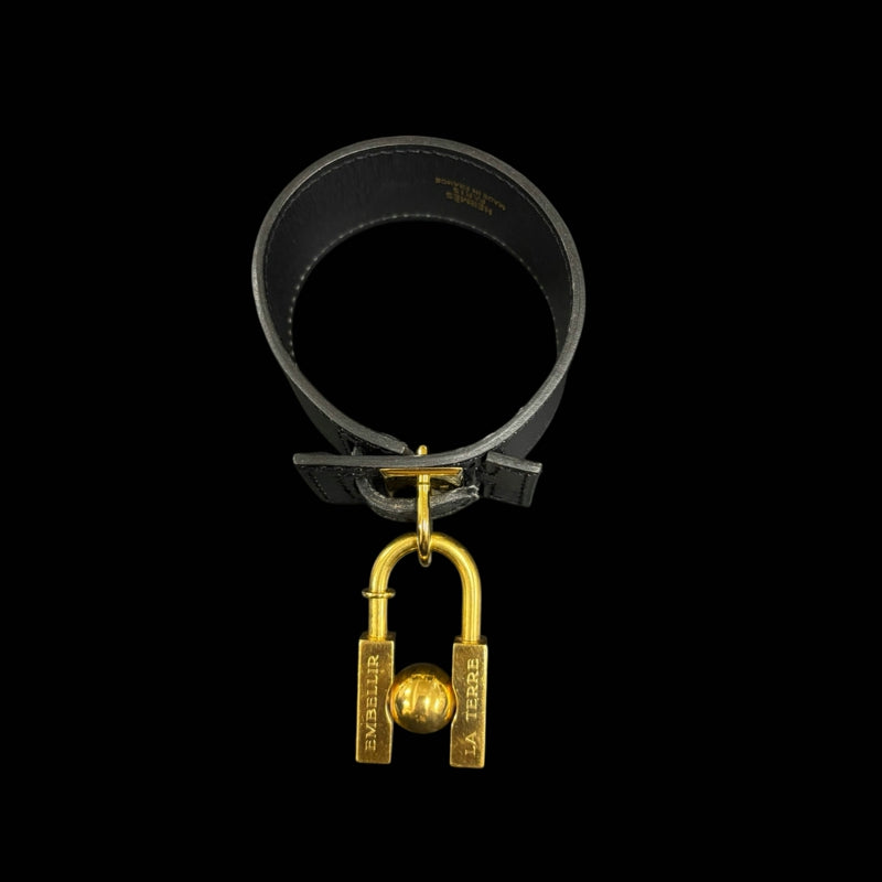 HERMES Leather Bangle, Black with Gold Hardware