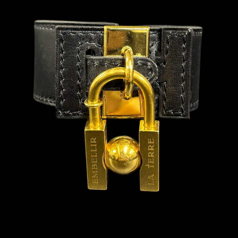 HERMES Leather Bangle, Black with Gold Hardware