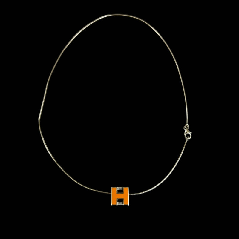 HERMES Necklace, Orange, Carré d'Hermès H Cube, Silver Hardware, Alloy, Logo Detail