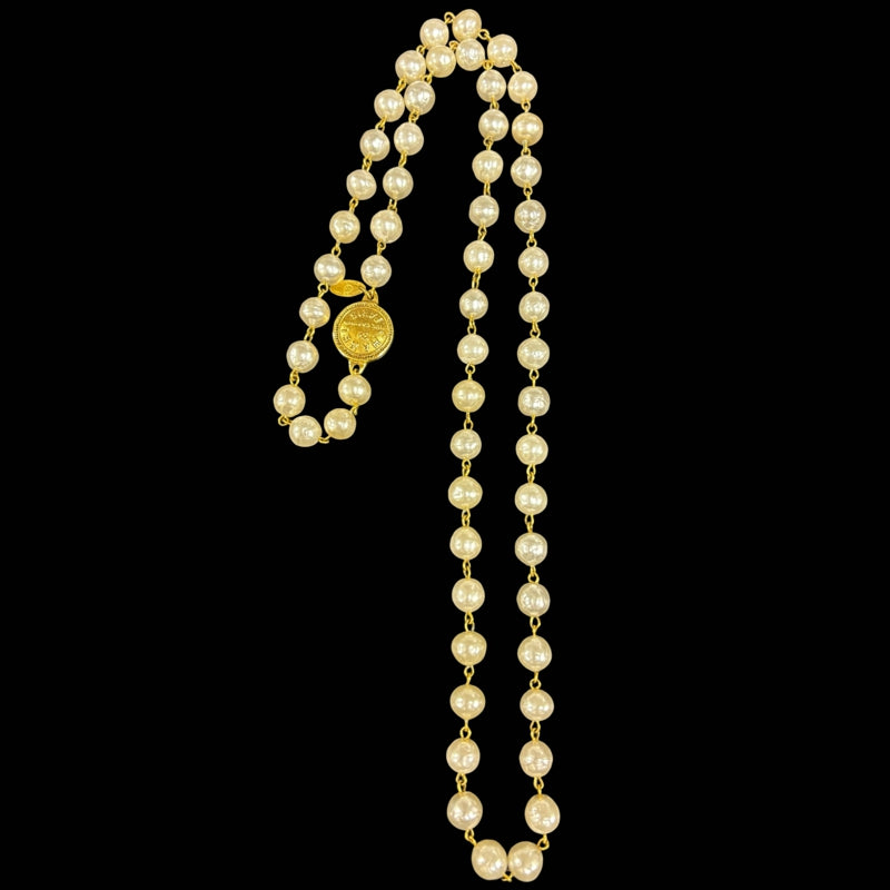 CHANEL Faux Pearl Necklace Gold Hardware White Logo Pendant