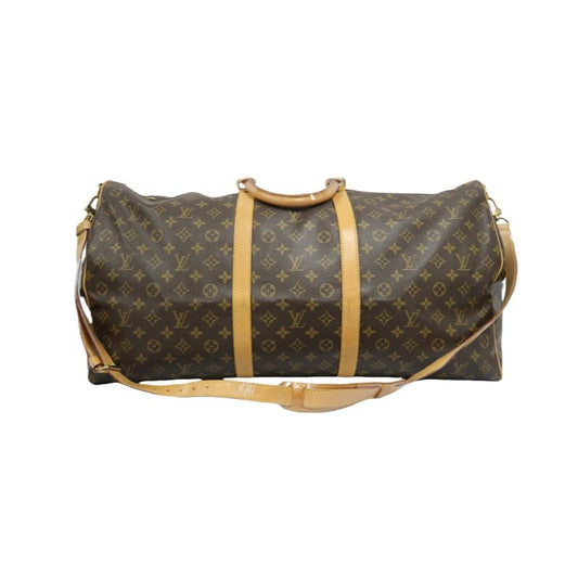 LOUIS VUITTON Monogram Keepall Bandouliere 60 Boston Bag, with name tag and shoulder strap, LV Monogram travel bag 60, handbag