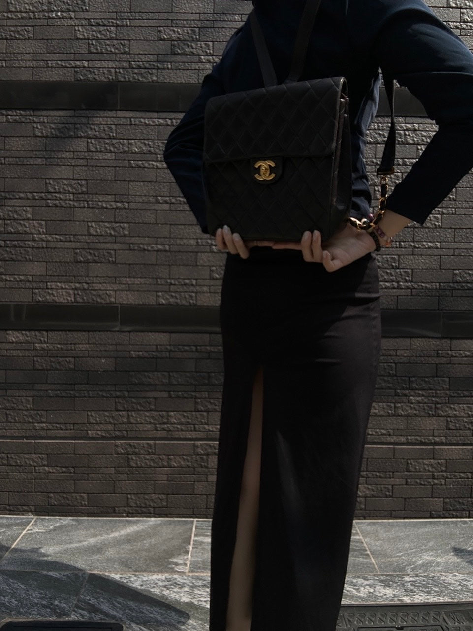 CHANEL Quilted Lambskin Backpack, Black, Gold-Tone Hardware, With Dust Bag (Fair Condition)