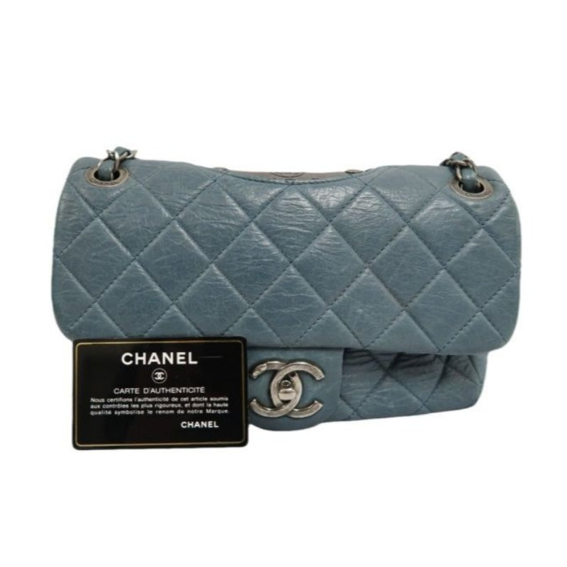 CHANEL Quilted Shoulder Bag, Waxed Leather, Blue, With Guarantee Card