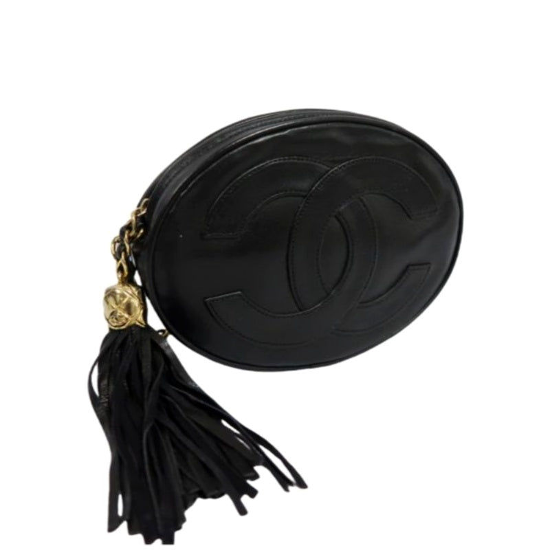 CHANEL Tassel Shoulder Bag, Black Lambskin, Authenticity Card Included