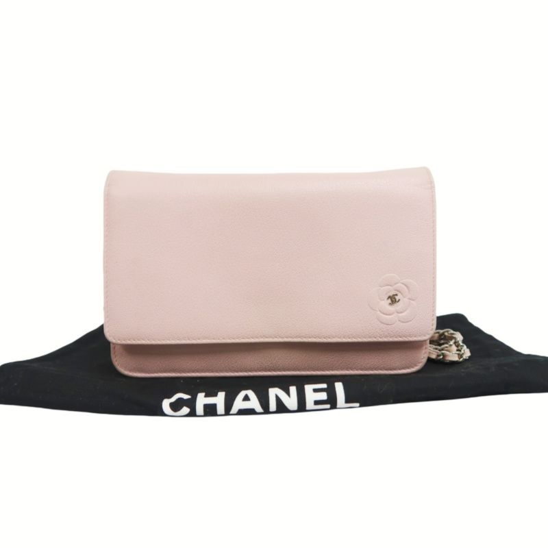 CHANEL Chain Wallet on Chain (WOC), Lambskin, Camellia Motif, Pink, Silver Hardware, Serial Number Starting with "15", Includes Dust Ba