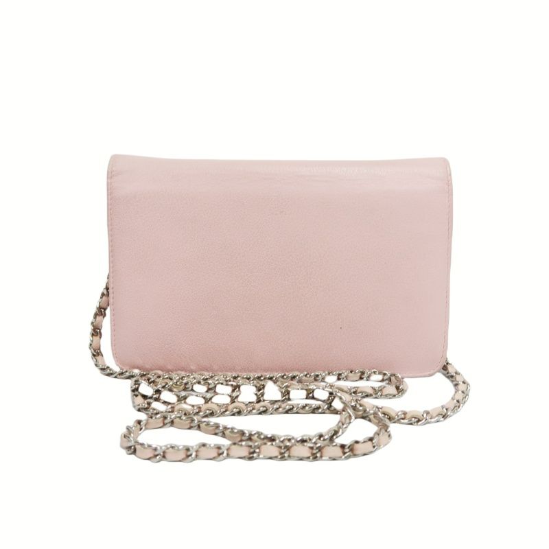 CHANEL Chain Wallet on Chain (WOC), Lambskin, Camellia Motif, Pink, Silver Hardware, Serial Number Starting with "15", Includes Dust Ba