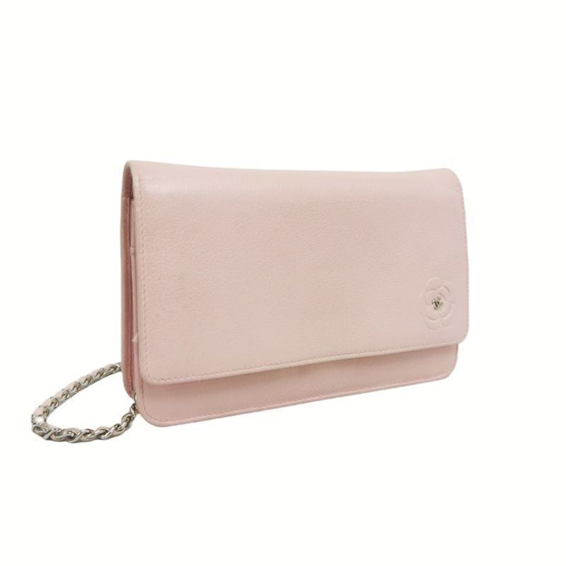 CHANEL Chain Wallet on Chain (WOC), Lambskin, Camellia Motif, Pink, Silver Hardware, Serial Number Starting with "15", Includes Dust Ba