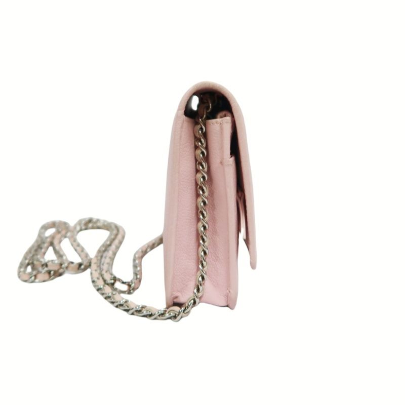 CHANEL Chain Wallet on Chain (WOC), Lambskin, Camellia Motif, Pink, Silver Hardware, Serial Number Starting with "15", Includes Dust Ba