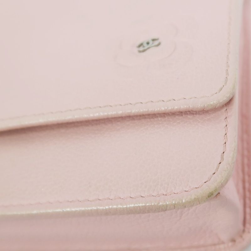 CHANEL Chain Wallet on Chain (WOC), Lambskin, Camellia Motif, Pink, Silver Hardware, Serial Number Starting with "15", Includes Dust Ba