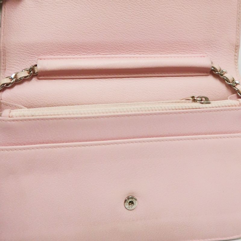 CHANEL Chain Wallet on Chain (WOC), Lambskin, Camellia Motif, Pink, Silver Hardware, Serial Number Starting with "15", Includes Dust Ba