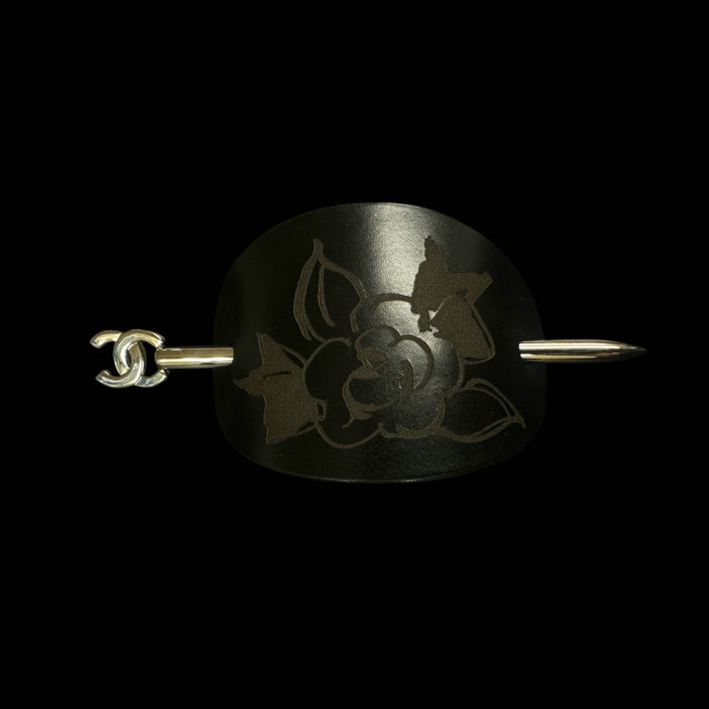 CHANEL Camellia Hair Pin, Black, With Box